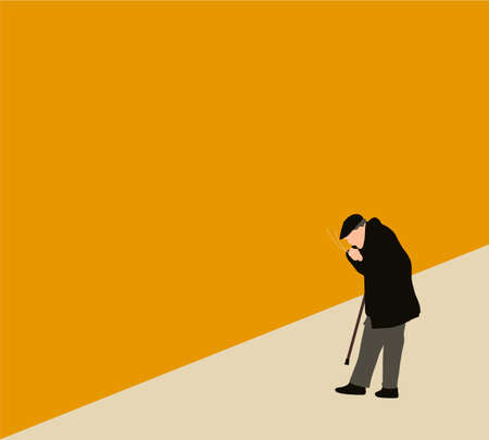 Retired man walking on street with and cane and smokes cigarette. Tobacco addiction. Vector cartoon illustration.のイラスト素材