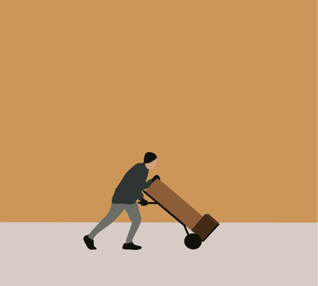 Delivery man pushing a hand truck with cardboard. Vector flat design illustration. Logistic industry concept.のイラスト素材