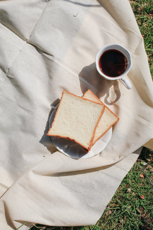 Coffee and bread on picnic blanket background relaxing on holiday. Still life concept. Copy space....