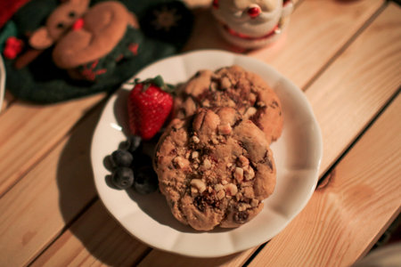 Chocolate cookies on dark background. Freshly baked. Selective Focus with Copy space.
