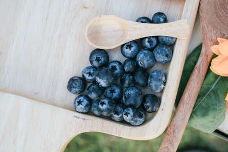 Fresh blueberries in wooden plate healthy eating and nutrition. Vegan and vegetarian concept. Summer healthy food.の写真素材