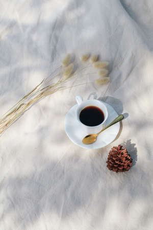 Hot Coffee in white cup on picnic blanket morning light background relaxing on holiday. Sunrays. Still life concept. Copy space. Colorful autumn picnicの写真素材