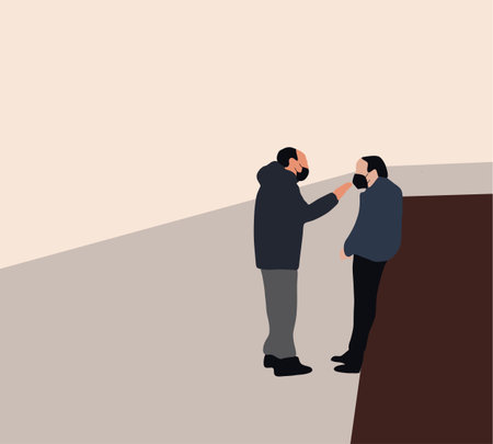Two man standing in social distance wearing face mask looking at each other and talking, discuss the news, social issues, are negotiating. Vector.のイラスト素材