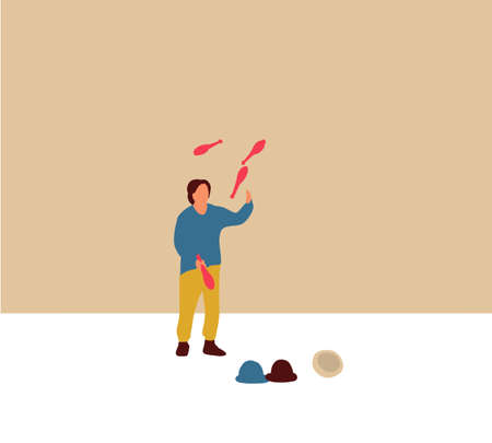 Juggler performs on street. Artist throws up maces. Vector illustration. Cartoon flat style.のイラスト素材
