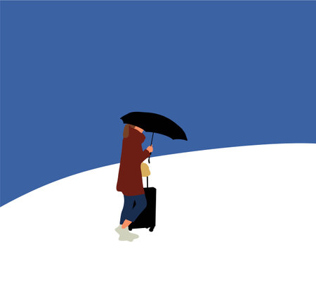 Woman with umbrella and suitcase walking in the city. Travelers in various activity with luggage and equipment. Vector illustration.のイラスト素材