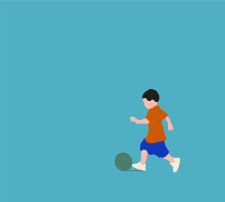 Boy soccer player plays football or soccer with the ball. Vector illustration with kids and summer landscape.のイラスト素材