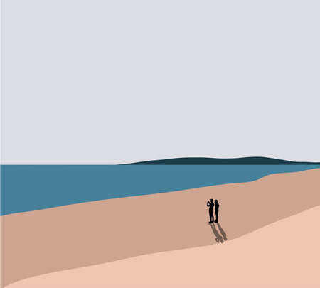 Silhouette couple walking together on beach. Vector illustration. Panoramic wallpaper with seascape.のイラスト素材