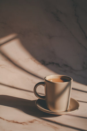 Hot coffee in ceramic cup on marble table under morning sunlight from window. Dreamy and relaxed mood.の写真素材
