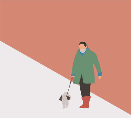 Man wearing a protective mask walking alone with a dog outdoors. Urban lifestyle after quarantine. New normal. Vector illustration in flat styleのイラスト素材