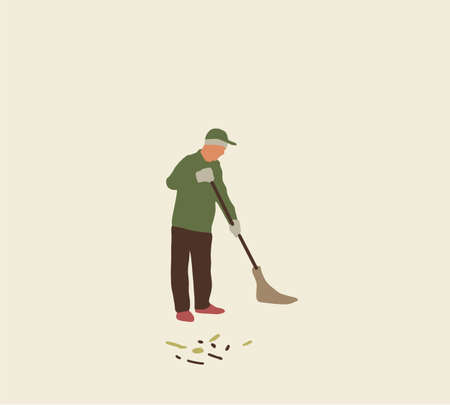 Man sweeping dry autumn foliage at roadside in village street outdoor. Vector illustrationのイラスト素材