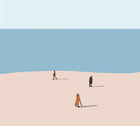 Summer beach people fun resting and Walking Seaside Sea Ocean Holiday Travel. Minimal Flat cartoon colorful vector illustration.のイラスト素材