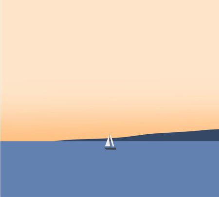 Sailboats in the sea during sunset time. Holiday lifestyle landscape with skyline sailboat. Vector illustration in a flat style.のイラスト素材