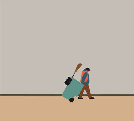 Man road sweeper cleaning working keep garbage and push garbage cart at the road. Environment protection. Vector illustration.のイラスト素材
