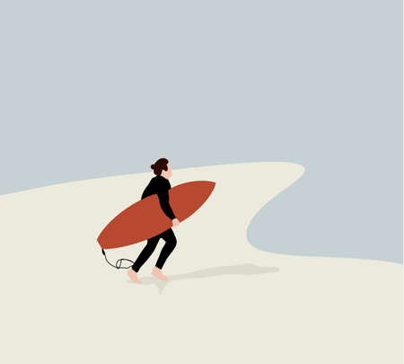 Man surfer with his surfboard running to the waves activity on summer vacation. Surfing action water board sport. Colorful flat cartoon vector illustration.のイラスト素材