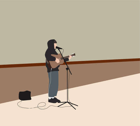 Man playing the guitar and singing on the city road. Street performer man character sing song. Hand drawn style vector design illustrations.のイラスト素材