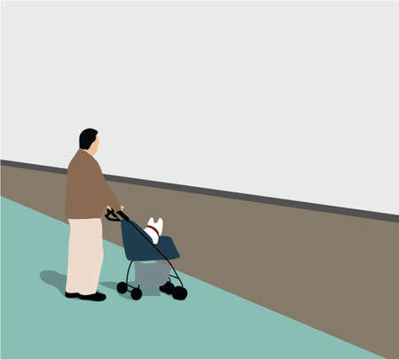 Man pushing dog stroller on city street. Funny Dog on Cityscape Background. Cartoon Vector Illustration.のイラスト素材