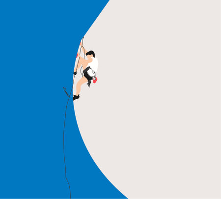 Climber man in sportswear with rope training on climbing rock wall. Tough and healthy discipline. Adventure park. Vector cartoon flat illustrationのイラスト素材
