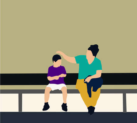Mother and son sitting on wooden bench and talking vector illustration of mom and cheerful boy spending weekend together.のイラスト素材