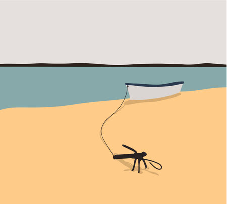 Fishing boat on the beach. Vector cartoon morning landscape of ocean or lake coastline, sand shoreのイラスト素材