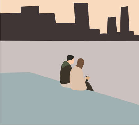 Happy Couple sitting and talking near the river in summer day. Vector illustration. Enjoying time together. Romantic date conceptのイラスト素材