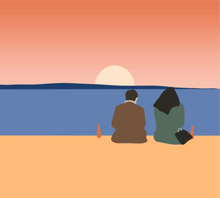 Happy Couple sitting and talking near the river in summer day. Vector illustration. Enjoying time together. Romantic date conceptのイラスト素材