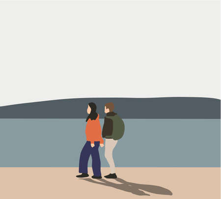 Young couple with backpacks traveling. Tourists, young explorer travel together. Vacation and tourism concept. Flat vector illustration.のイラスト素材