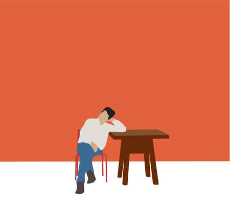 Young man sitting at table and waiting for friends. Rest and relax concept. Vector illustrationのイラスト素材