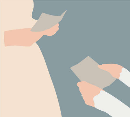 Lesbian couple in wedding ceremony. Romantic scenes with happy same sex spouses celebrating marriage. Vector flat illustration.のイラスト素材