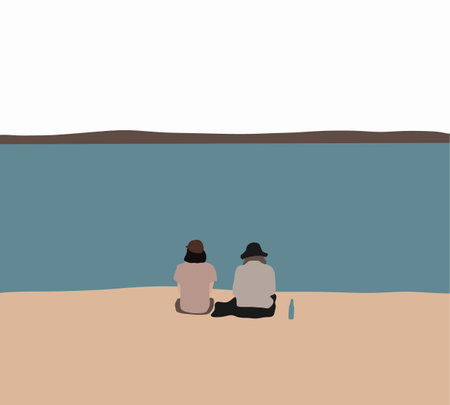 Two man friends communicate by the river. Vector flat cartoon illustration. Spring summer outdoor landscapeのイラスト素材