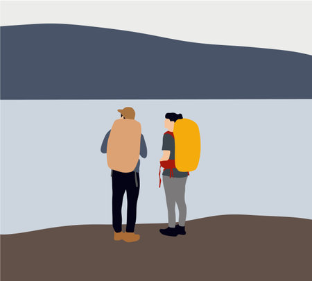 Couple hiking in the mountains with backpack and enjoying the view of valley. Mountain landscape....
