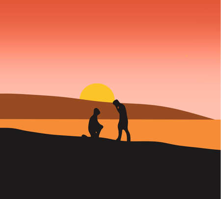 Silhouette Gay couple engagement at seaside during sunset on the beach, man in love making proposal to boyfriend. LGBTQ Pride, homosexual characters, Romantic relationships.のイラスト素材