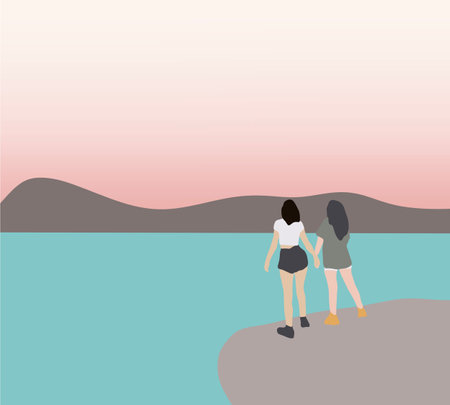 Lesbian couple looking mountain and lake watching the sunset. Healthy outdoor lifestyle, friendship and holiday vacation concept.のイラスト素材