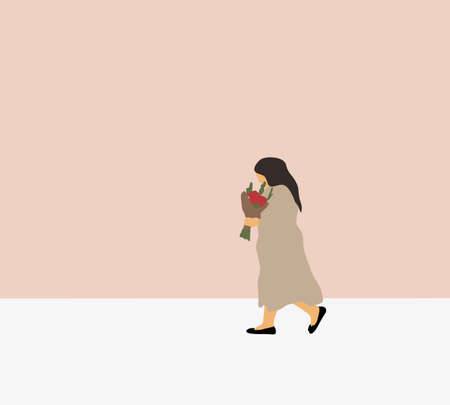 Woman with flower bouquet walking in the summer street. Lifestyle, street fashion. vector flat illustration.のイラスト素材