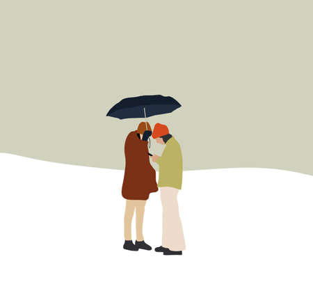 Two female friends walking under umbrella using smart phone, talking, spending time together outdoors. vector flat illustrationのイラスト素材