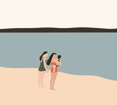 Lesbian couple, Two beautiful women with a baby on the beach. Family holidays on the sea coast. Equality right, homosexuality lifestyle, lgbt.のイラスト素材