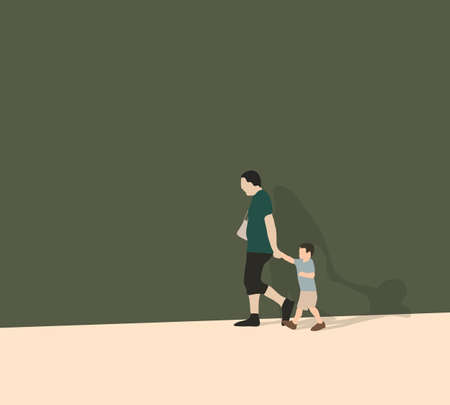 Father and son holding hand and walking on city street. Father's Day.のイラスト素材