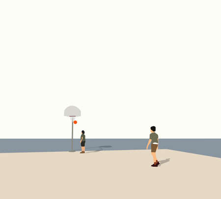 Two street basketball players having training outdoor at early morning on city court. Healthy lifestyle.のイラスト素材