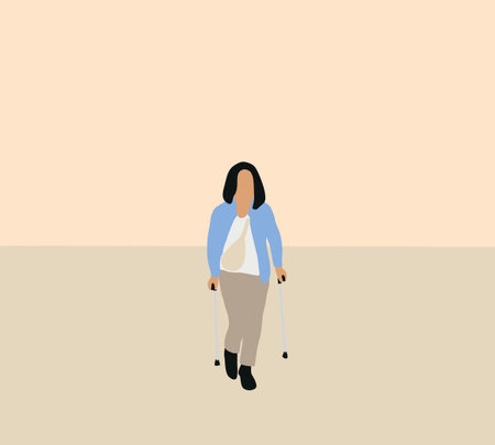 Disabled woman Trying to walk alone with crutches on street. Disabled handicap people.