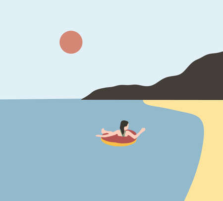 Woman floating and relaxing on inflatable ring in the sea. Summer travel and leisure on water, beach activity. vector flat illustration.のイラスト素材