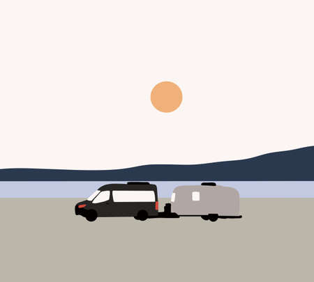 Travel trailer and car or Caravan on the Road trip. Adventure, Trailering, Camping, outdoor recreation, adventures in natureのイラスト素材