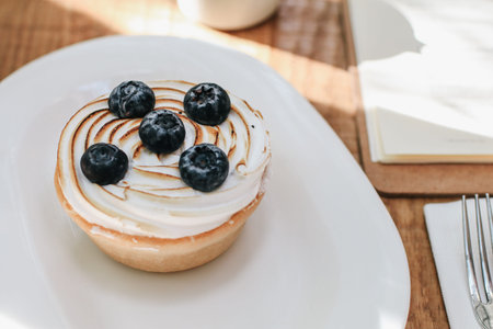 Lemon meringue and blueberry tart in white plate on wooden table. Pie Dessert. Horizontal Copy spaceの写真素材