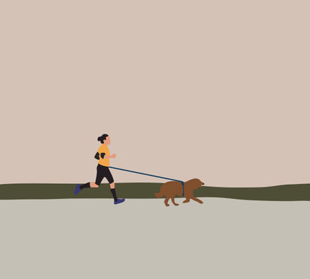 Woman and dog running together for exercising on street in the morning. Female athlete training with her pet.のイラスト素材