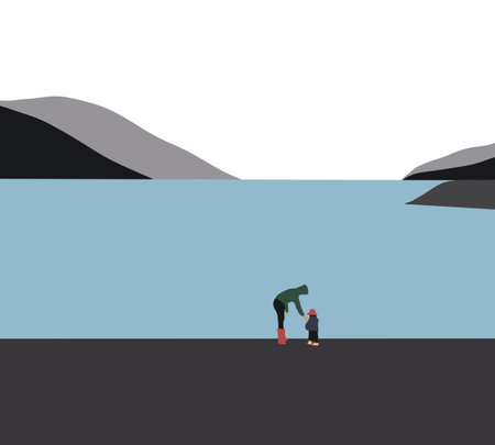 Mother and daughter walking and playing together on tropical beach at summer during vacation time. Family holiday on sea coast.のイラスト素材