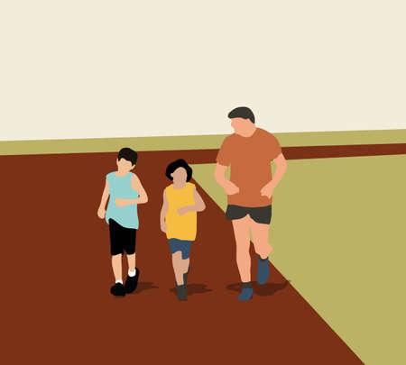 Children running on track at stadium with coach. Outdoor activity, sport, exercise and competition learning for kid development.のイラスト素材