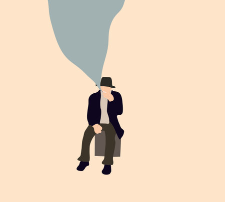 Business man addicted  smoking cigarette sitting on urban street sidewalk. Modern successful male...