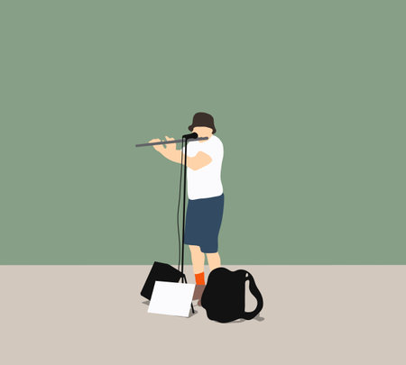Man street musician playing flute and earning money in the city center. Tradition, Art, Culture and Music.のイラスト素材