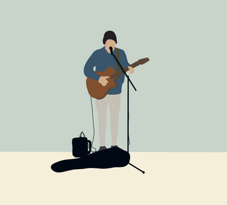 Man playing acoustic guitar and singing song on street performer concert for money. Classic Musician artist on public park.のイラスト素材