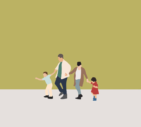 Family in casual lifestyle walking along suburban street spending sunny day holiday outside. Happy mother, father and little child during vacation.のイラスト素材