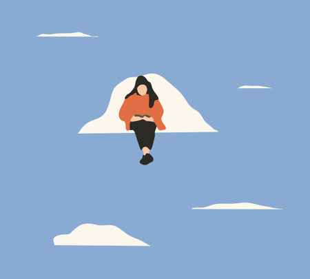 Woman sitting and reading book relaxing on cloud. Library, magic, literature surreal concept.のイラスト素材