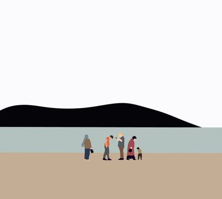 Young men and women, boys and girls walking on the beach. People Group enjoying Summer Vacation.のイラスト素材